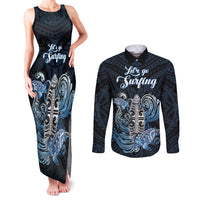 Personalised Polynesia Go Surfing Couples Matching Tank Maxi Dress and Long Sleeve Button Shirt The Pacific Wave Of Water LT05 Blue - Polynesian Pride