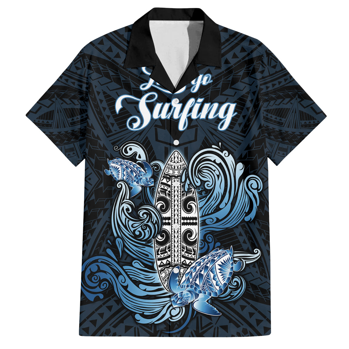Personalised Polynesia Go Surfing Family Matching Off Shoulder Short Dress and Hawaiian Shirt The Pacific Wave Of Water LT05 Dad's Shirt - Short Sleeve Blue - Polynesian Pride