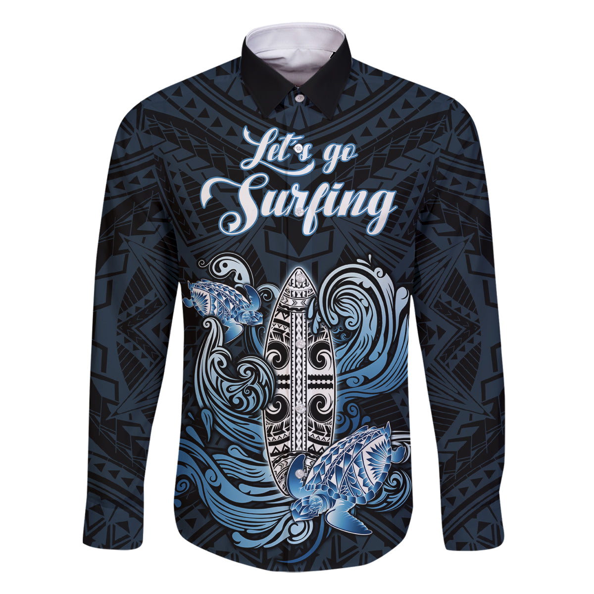 Personalised Polynesia Go Surfing Family Matching Tank Maxi Dress and Hawaiian Shirt The Pacific Wave Of Water LT05 Dad's Shirt - Long Sleeve Blue - Polynesian Pride