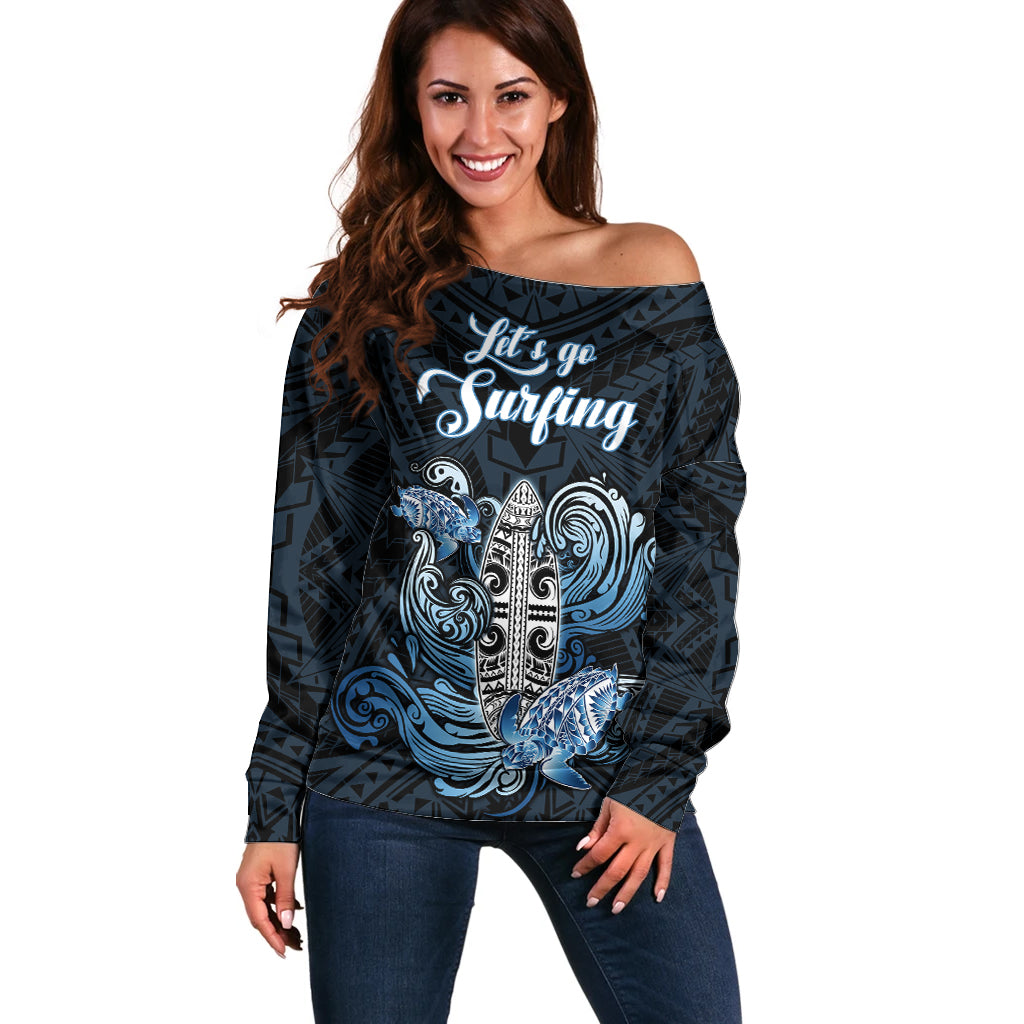 Personalised Polynesia Go Surfing Off Shoulder Sweater The Pacific Wave Of Water LT05 Women Blue - Polynesian Pride