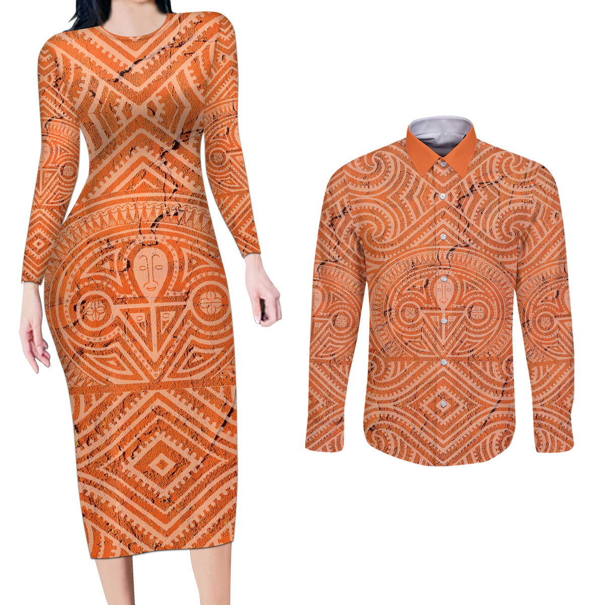 Personalised Lapita Culture Couples Matching Long Sleeve Bodycon Dress and Long Sleeve Button Shirt Iconic Double Face Pattern LT05 Brown - Polynesian Pride