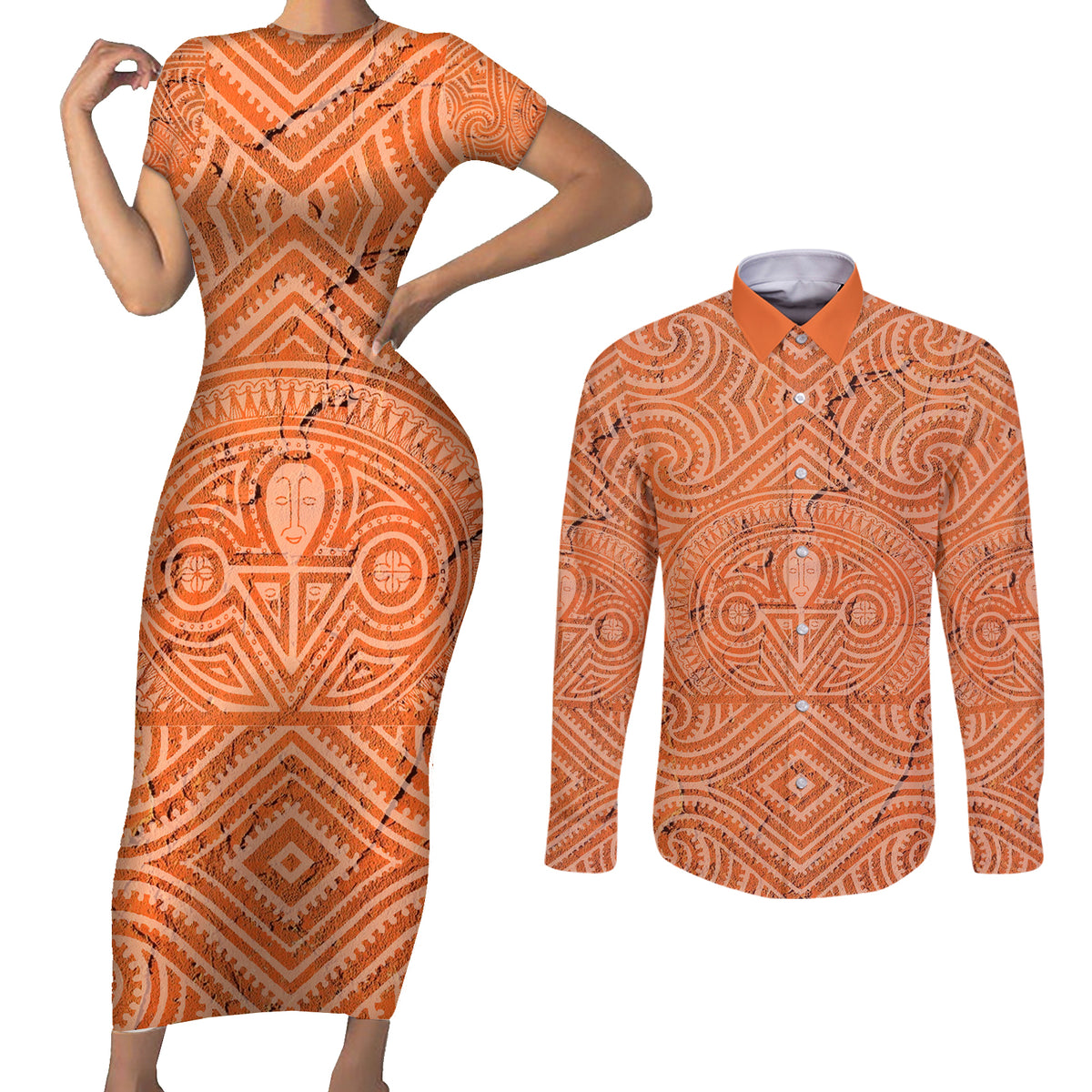 Personalised Lapita Culture Couples Matching Short Sleeve Bodycon Dress and Long Sleeve Button Shirt Iconic Double Face Pattern LT05 Brown - Polynesian Pride