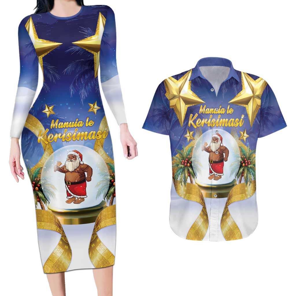 Samoa Christmas Couples Matching Long Sleeve Bodycon Dress and Hawaiian Shirt Snow Globe With Samoan Santa - Polynesian Pride