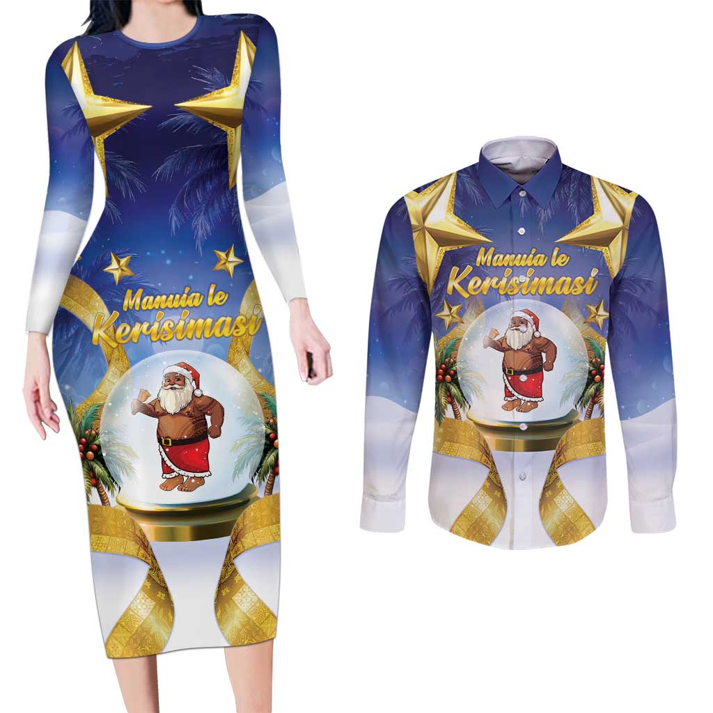 Samoa Christmas Couples Matching Long Sleeve Bodycon Dress and Long Sleeve Button Shirt Snow Globe With Samoan Santa - Polynesian Pride