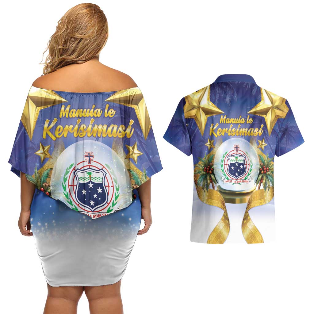 Samoa Christmas Couples Matching Off Shoulder Short Dress and Hawaiian Shirt Snow Globe With Samoan Santa - Polynesian Pride