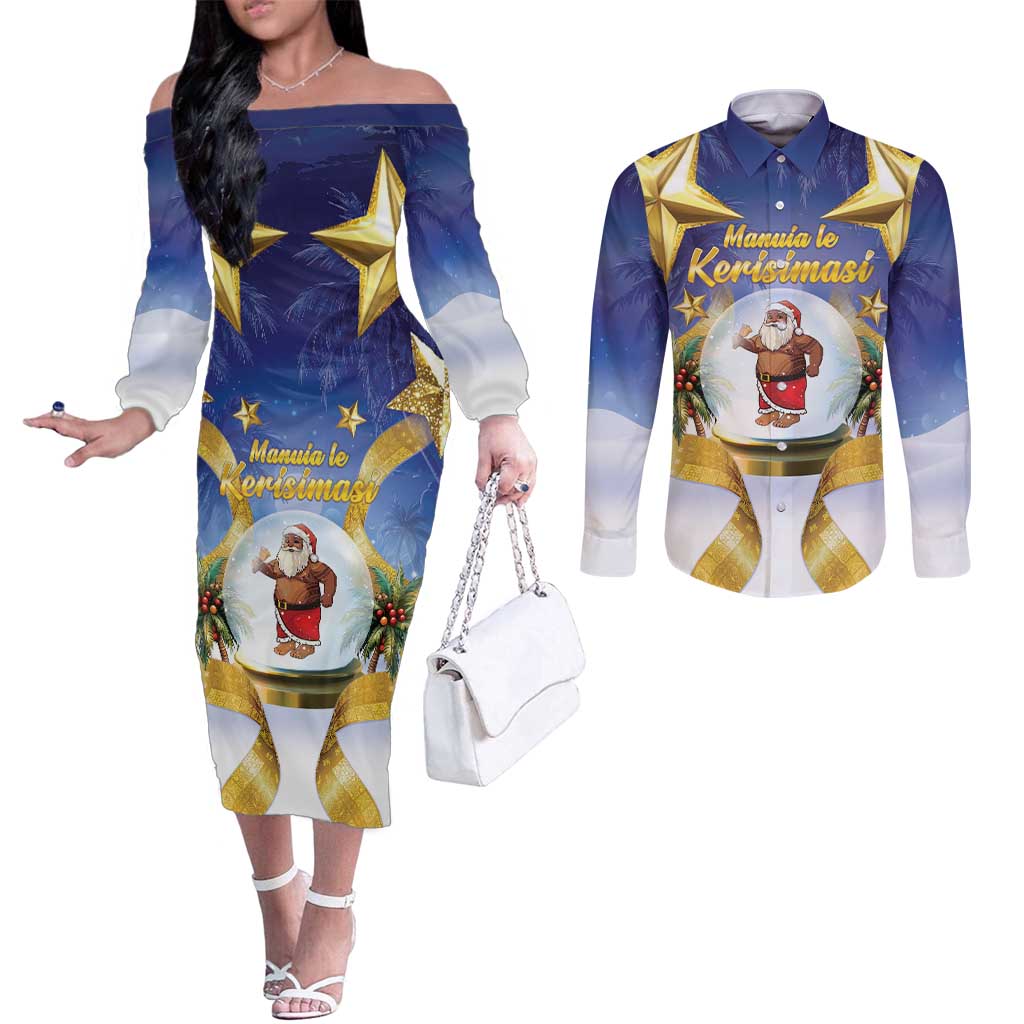 Samoa Christmas Couples Matching Off The Shoulder Long Sleeve Dress and Long Sleeve Button Shirt Snow Globe With Samoan Santa - Polynesian Pride