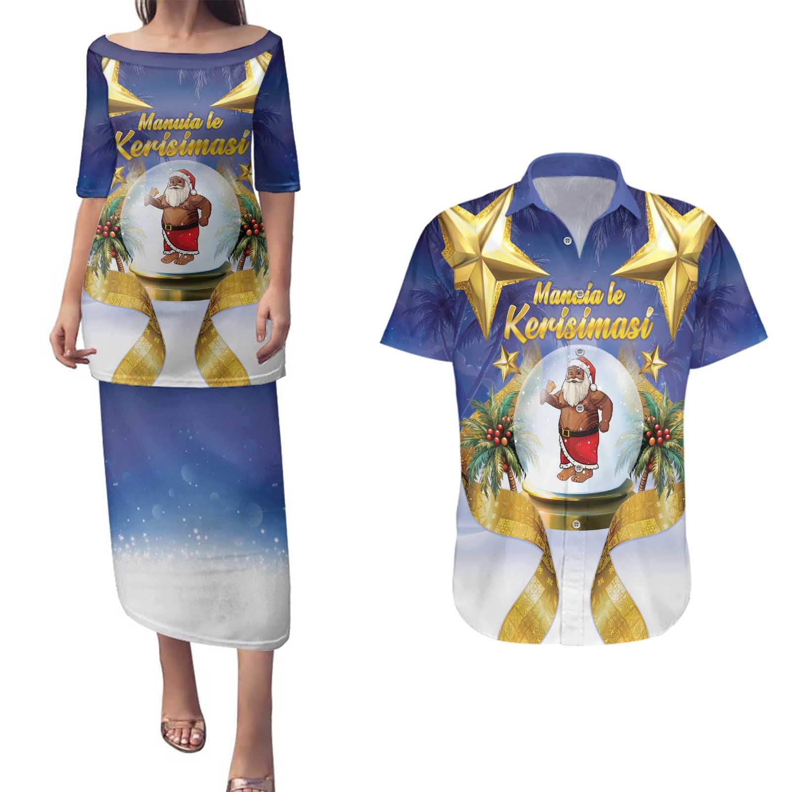 Samoa Christmas Couples Matching Puletasi and Hawaiian Shirt Snow Globe With Samoan Santa - Polynesian Pride