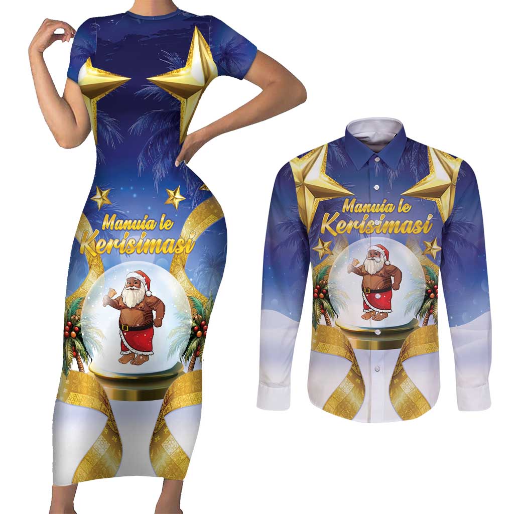 Samoa Christmas Couples Matching Short Sleeve Bodycon Dress and Long Sleeve Button Shirt Snow Globe With Samoan Santa - Polynesian Pride