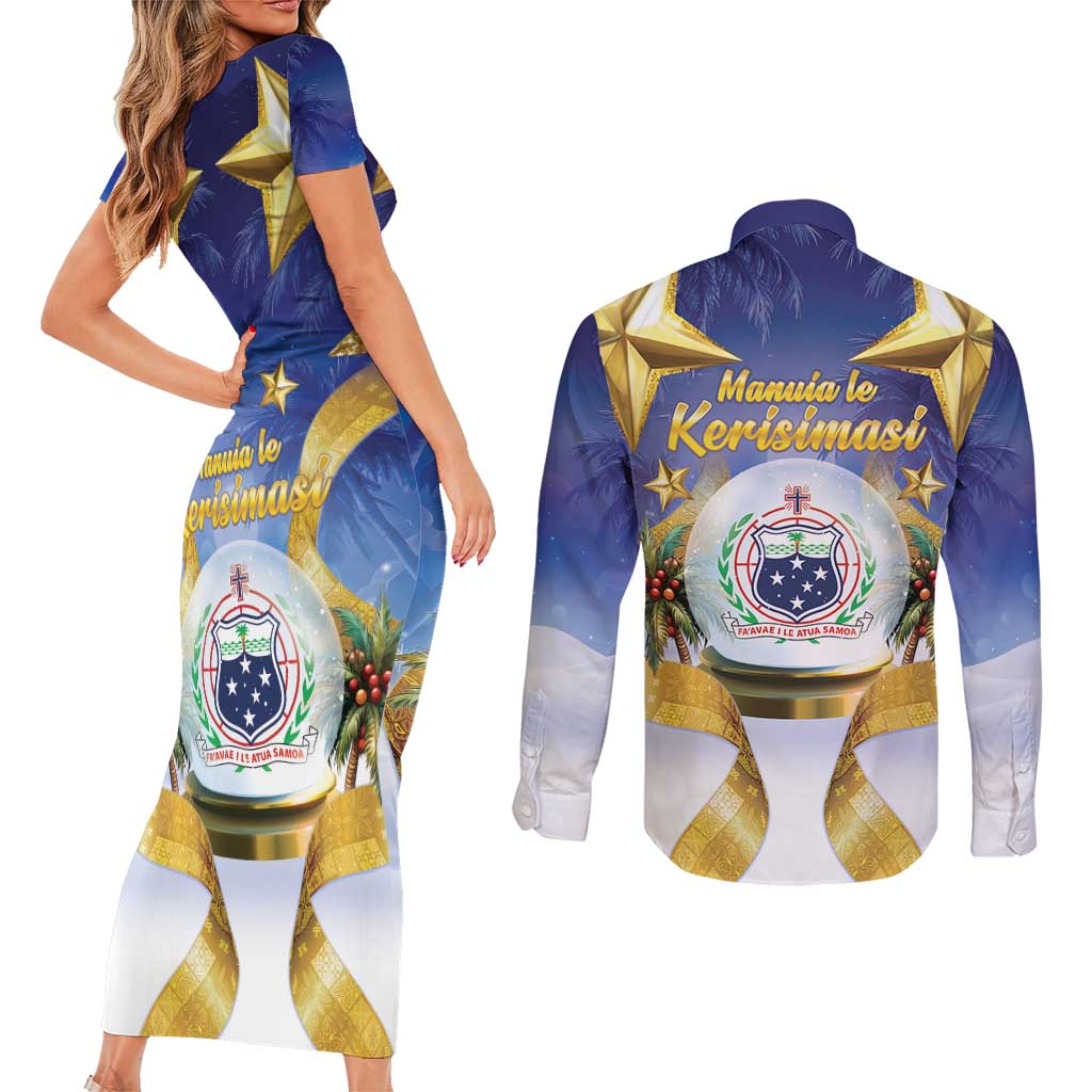 Samoa Christmas Couples Matching Short Sleeve Bodycon Dress and Long Sleeve Button Shirt Snow Globe With Samoan Santa - Polynesian Pride