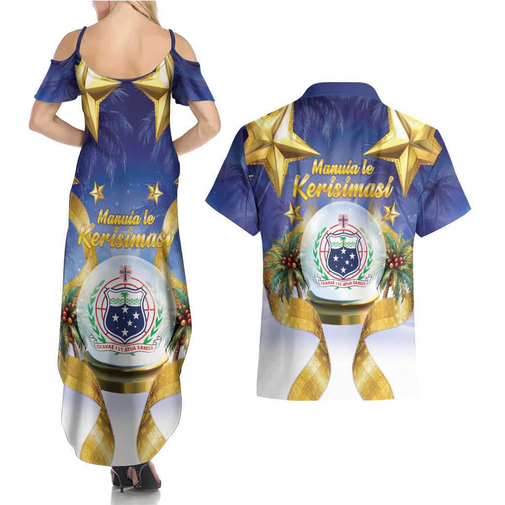 Samoa Christmas Couples Matching Summer Maxi Dress and Hawaiian Shirt Snow Globe With Samoan Santa - Polynesian Pride