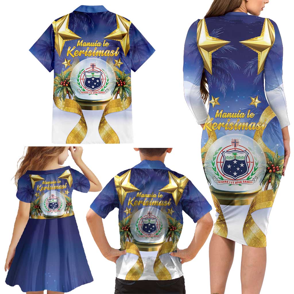 Samoa Christmas Family Matching Long Sleeve Bodycon Dress and Hawaiian Shirt Snow Globe With Samoan Santa - Polynesian Pride