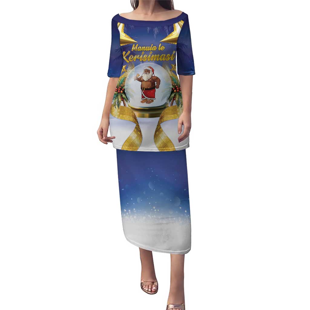 Samoa Christmas Puletasi Snow Globe With Samoan Santa LT05 Long Dress Navy - Polynesian Pride