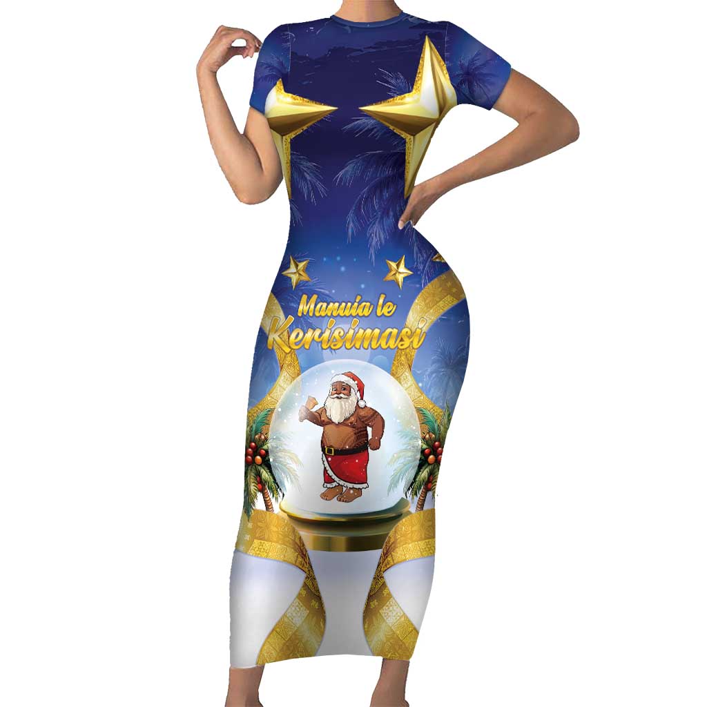 Samoa Christmas Short Sleeve Bodycon Dress Snow Globe With Samoan Santa LT05 Long Dress Navy - Polynesian Pride