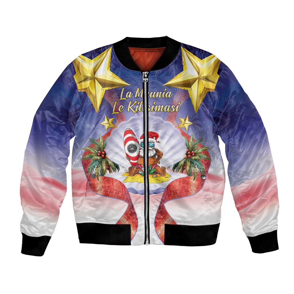 American Samoa Christmas Bomber Jacket Seashell Santa Beach Vibes LT05 Unisex Navy - Polynesian Pride