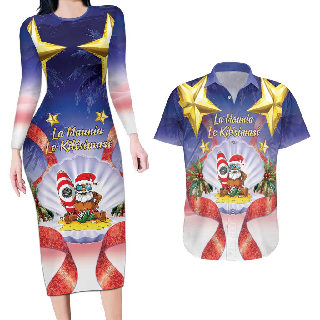 American Samoa Christmas Couples Matching Long Sleeve Bodycon Dress and Hawaiian Shirt Seashell Santa Beach Vibes LT05 Navy - Polynesian Pride