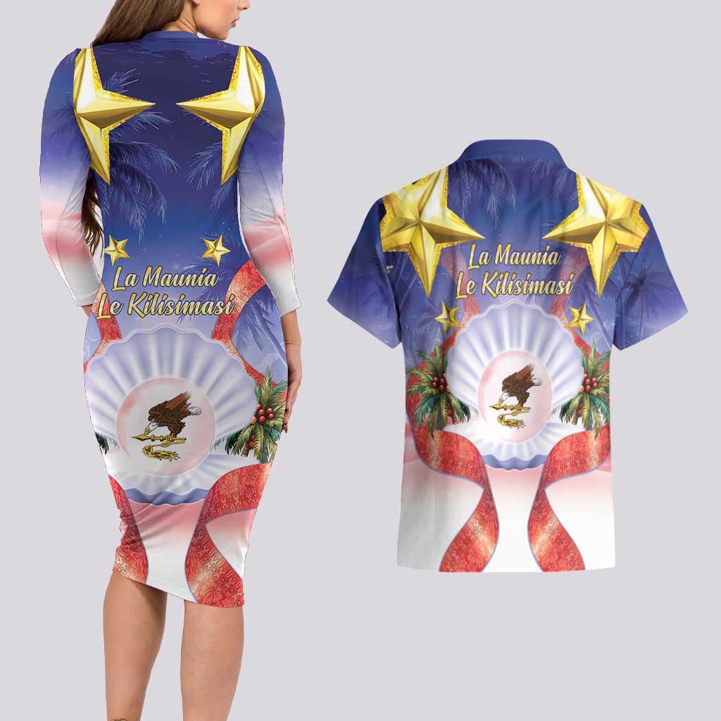 American Samoa Christmas Couples Matching Long Sleeve Bodycon Dress and Hawaiian Shirt Seashell Santa Beach Vibes LT05 - Polynesian Pride