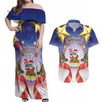 American Samoa Christmas Couples Matching Off Shoulder Maxi Dress and Hawaiian Shirt Seashell Santa Beach Vibes LT05 Navy - Polynesian Pride