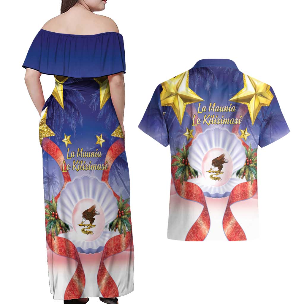 American Samoa Christmas Couples Matching Off Shoulder Maxi Dress and Hawaiian Shirt Seashell Santa Beach Vibes LT05 - Polynesian Pride