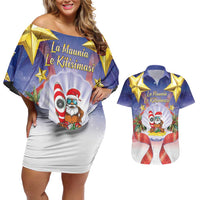 American Samoa Christmas Couples Matching Off Shoulder Short Dress and Hawaiian Shirt Seashell Santa Beach Vibes LT05 Navy - Polynesian Pride