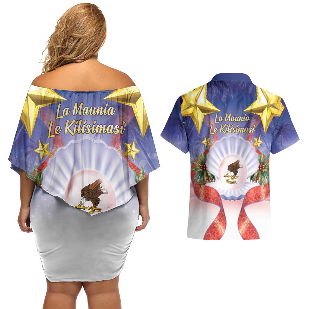 American Samoa Christmas Couples Matching Off Shoulder Short Dress and Hawaiian Shirt Seashell Santa Beach Vibes LT05 - Polynesian Pride