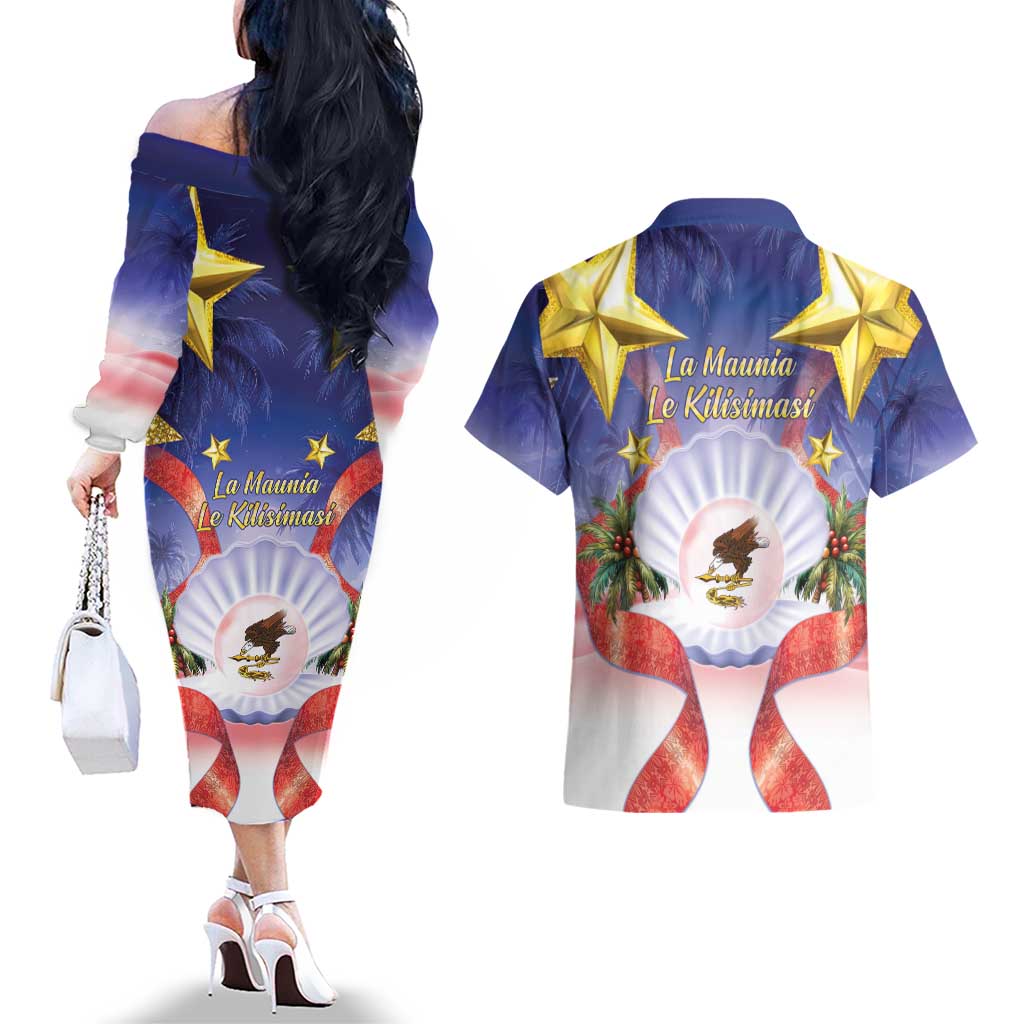 American Samoa Christmas Couples Matching Off The Shoulder Long Sleeve Dress and Hawaiian Shirt Seashell Santa Beach Vibes LT05 - Polynesian Pride