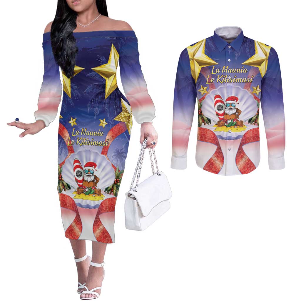 American Samoa Christmas Couples Matching Off The Shoulder Long Sleeve Dress and Long Sleeve Button Shirt Seashell Santa Beach Vibes LT05 Navy - Polynesian Pride