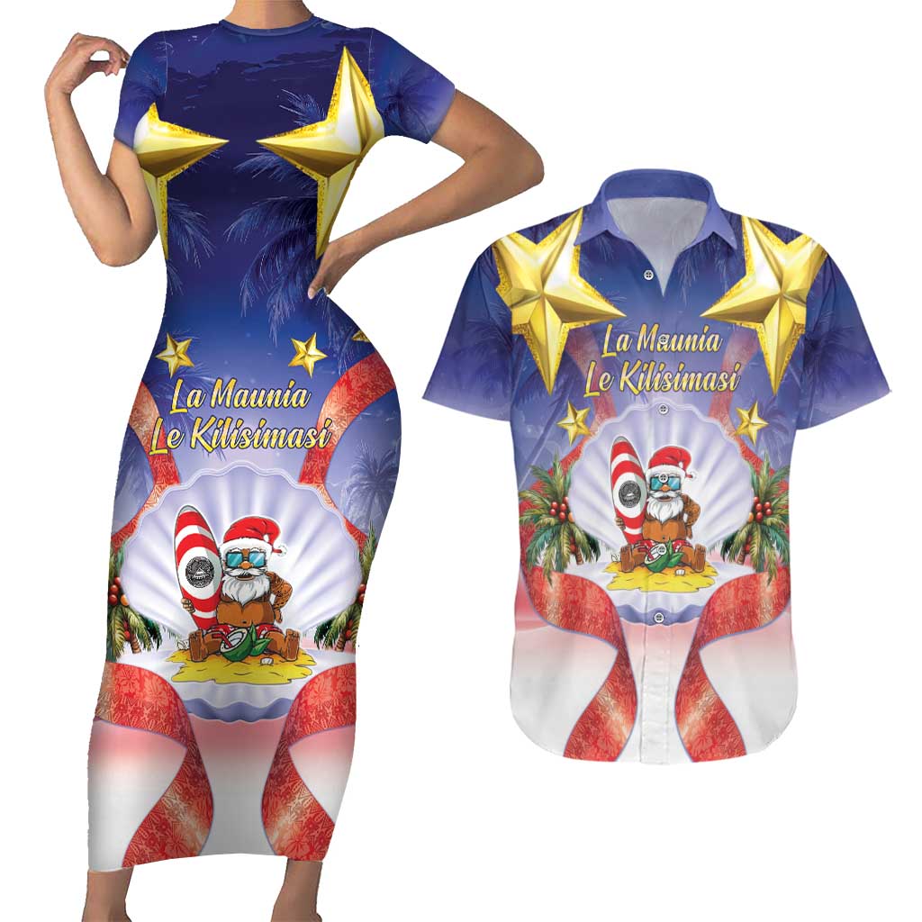 American Samoa Christmas Couples Matching Short Sleeve Bodycon Dress and Hawaiian Shirt Seashell Santa Beach Vibes LT05 Navy - Polynesian Pride