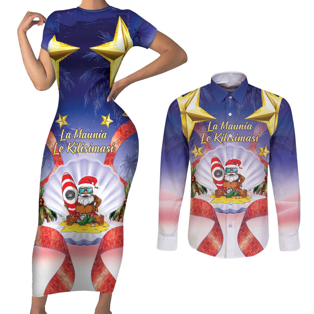 American Samoa Christmas Couples Matching Short Sleeve Bodycon Dress and Long Sleeve Button Shirt Seashell Santa Beach Vibes LT05 Navy - Polynesian Pride