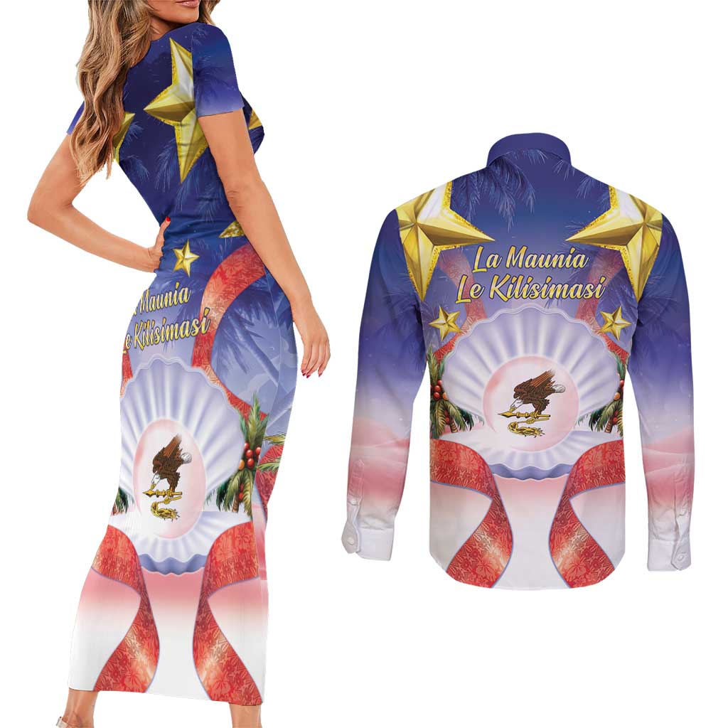 American Samoa Christmas Couples Matching Short Sleeve Bodycon Dress and Long Sleeve Button Shirt Seashell Santa Beach Vibes LT05 - Polynesian Pride