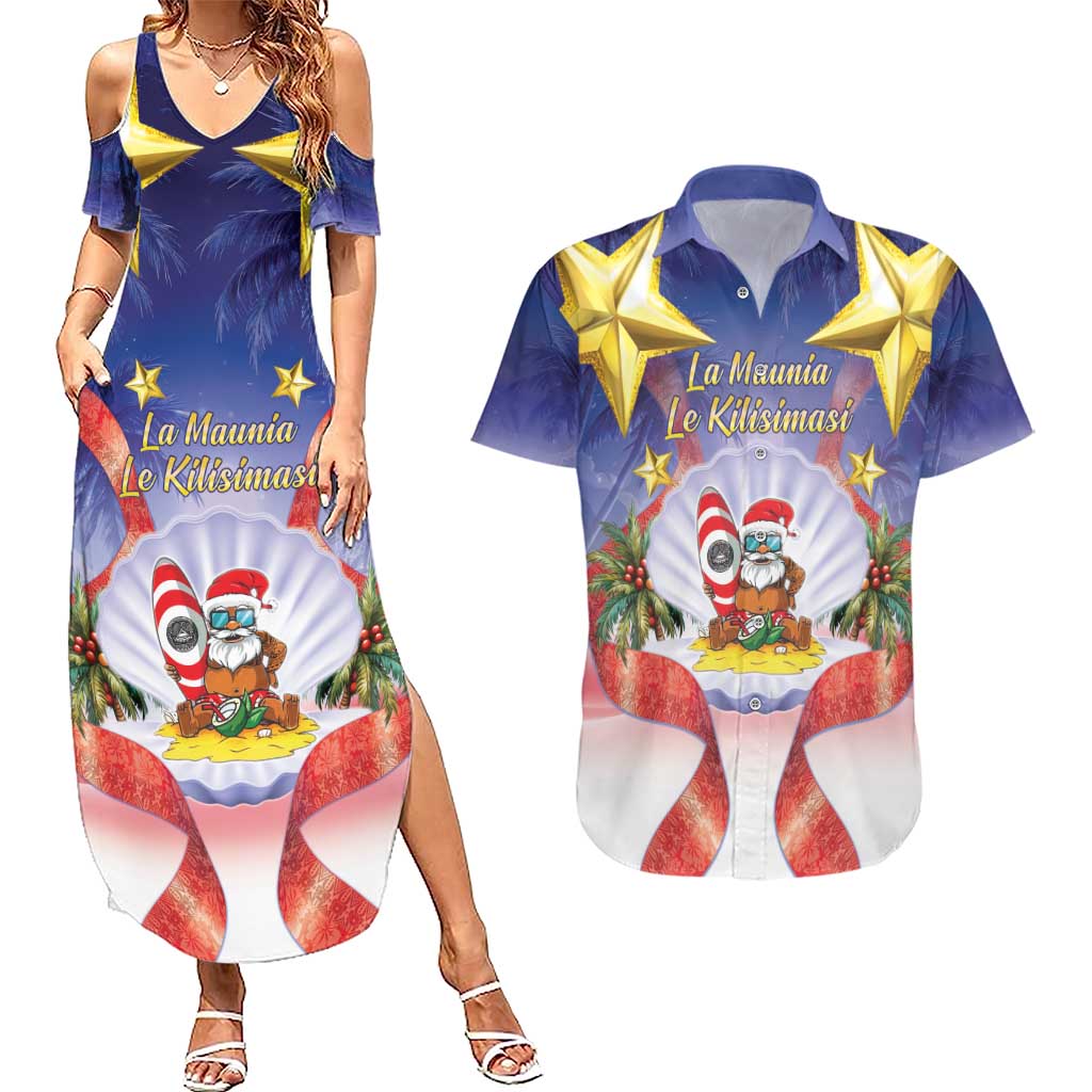 American Samoa Christmas Couples Matching Summer Maxi Dress and Hawaiian Shirt Seashell Santa Beach Vibes LT05 Navy - Polynesian Pride