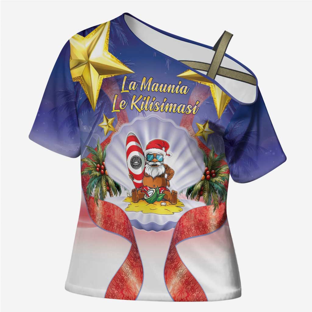American Samoa Christmas Cross Shoulder Shirt Seashell Santa Beach Vibes - Polynesian Pride