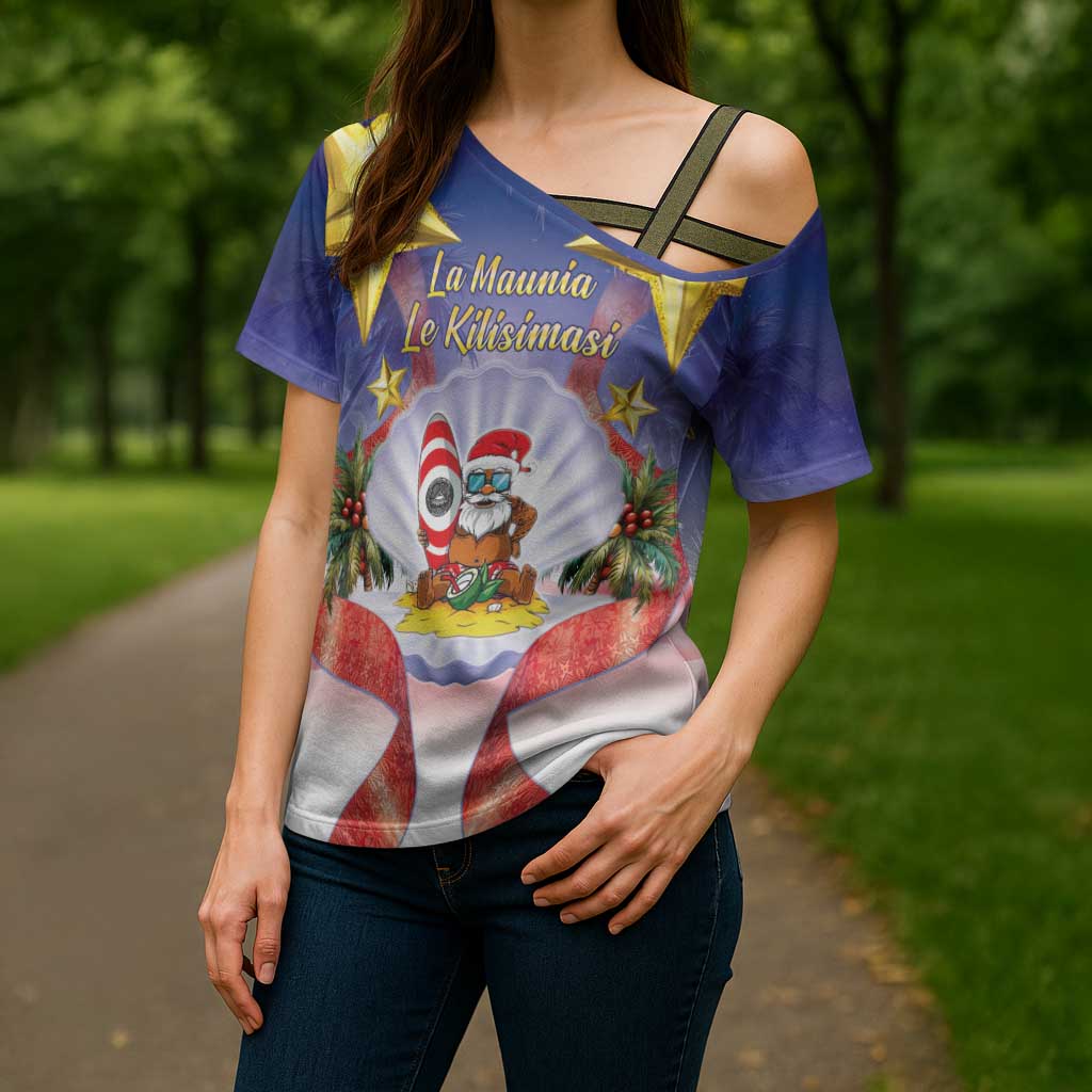 American Samoa Christmas Cross Shoulder Shirt Seashell Santa Beach Vibes LT05 - Polynesian Pride