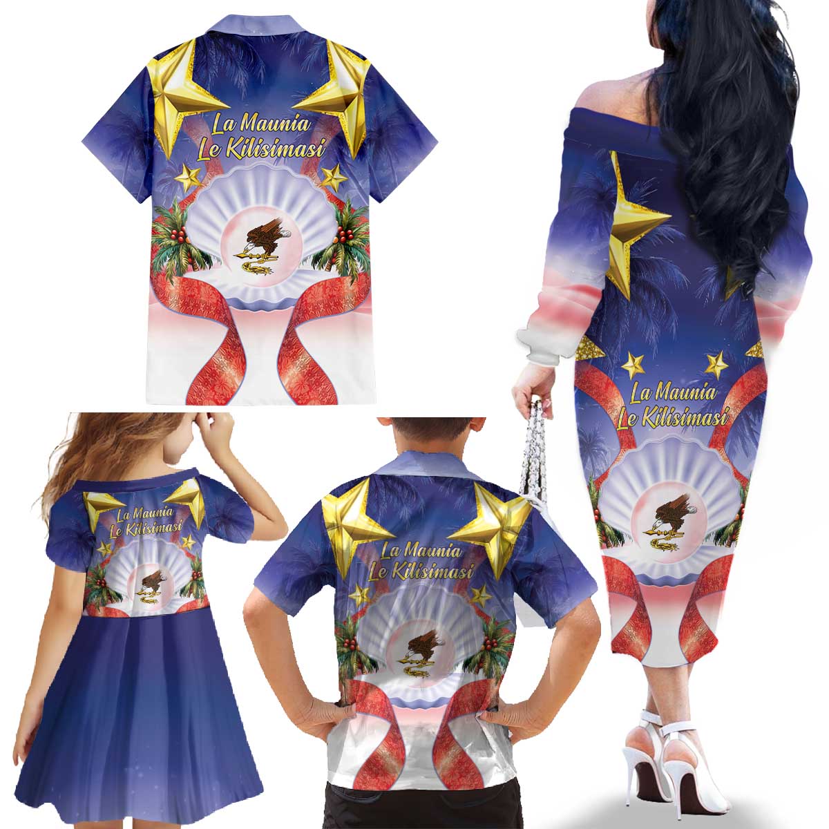 American Samoa Christmas Family Matching Off The Shoulder Long Sleeve Dress and Hawaiian Shirt Seashell Santa Beach Vibes - Polynesian Pride