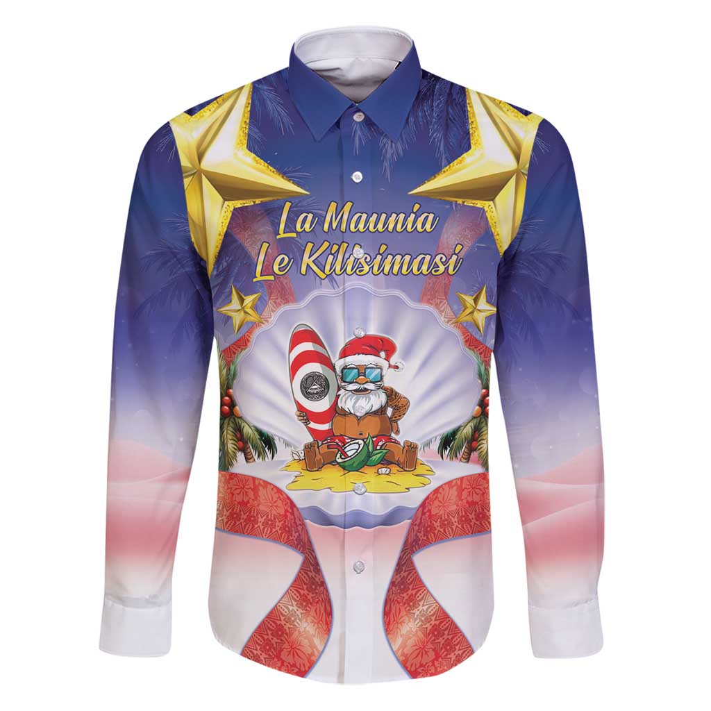 American Samoa Christmas Family Matching Puletasi and Hawaiian Shirt Seashell Santa Beach Vibes LT05 Dad's Shirt - Long Sleeve Navy - Polynesian Pride