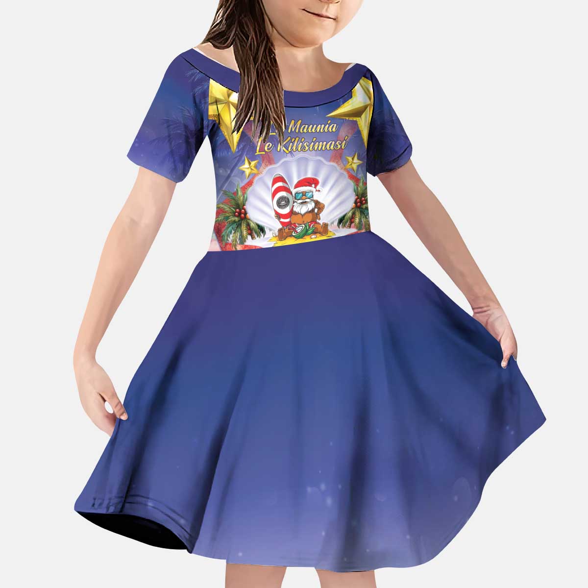 American Samoa Christmas Kid Short Sleeve Dress Seashell Santa Beach Vibes - Polynesian Pride