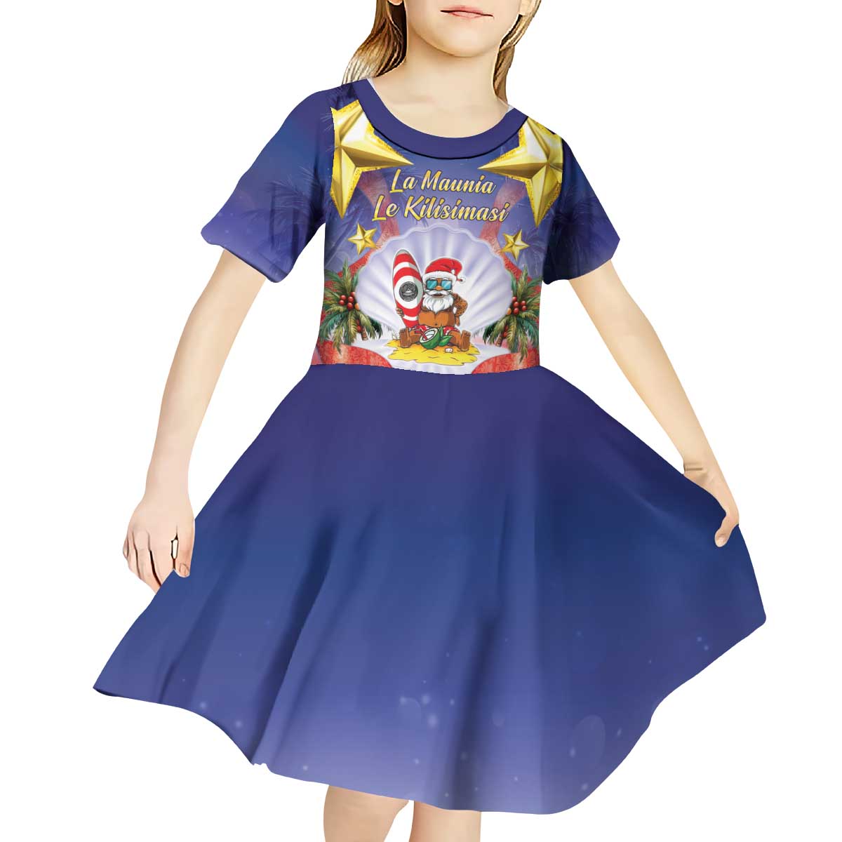 American Samoa Christmas Kid Short Sleeve Dress Seashell Santa Beach Vibes LT05 - Polynesian Pride