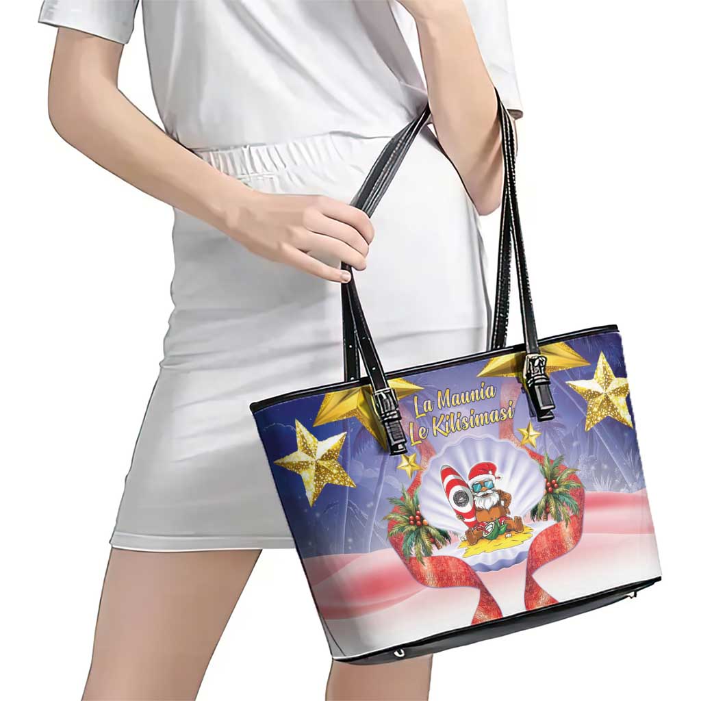 American Samoa Christmas Leather Tote Bag Seashell Santa Beach Vibes LT05 - Polynesian Pride