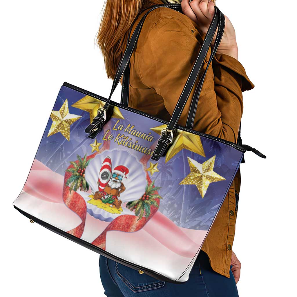American Samoa Christmas Leather Tote Bag Seashell Santa Beach Vibes LT05 - Polynesian Pride