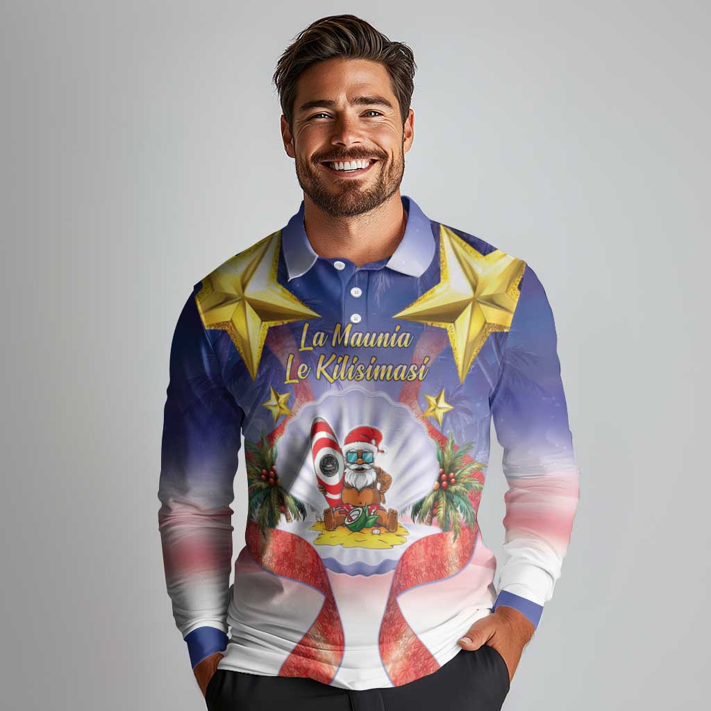 American Samoa Christmas Long Sleeve Polo Shirt Seashell Santa Beach Vibes - Polynesian Pride