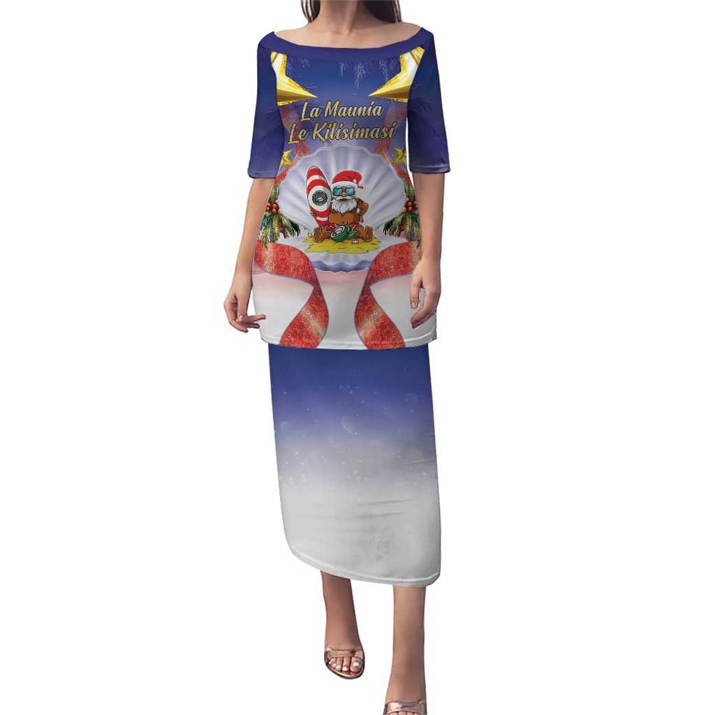 American Samoa Christmas Puletasi Seashell Santa Beach Vibes LT05 Long Dress Navy - Polynesian Pride