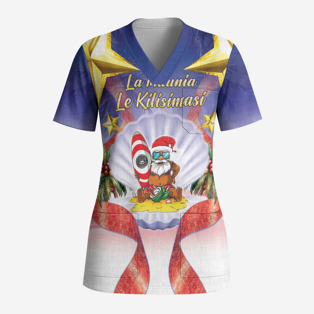 American Samoa Christmas Scrub Top Seashell Santa Beach Vibes LT05 Adult Navy - Polynesian Pride