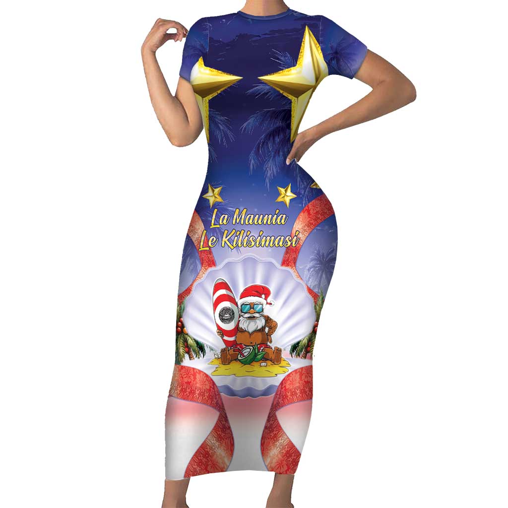 American Samoa Christmas Short Sleeve Bodycon Dress Seashell Santa Beach Vibes LT05 Long Dress Navy - Polynesian Pride