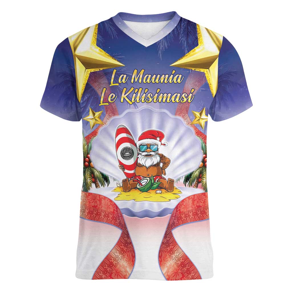 American Samoa Christmas Women V-Neck T-Shirt Seashell Santa Beach Vibes - Polynesian Pride
