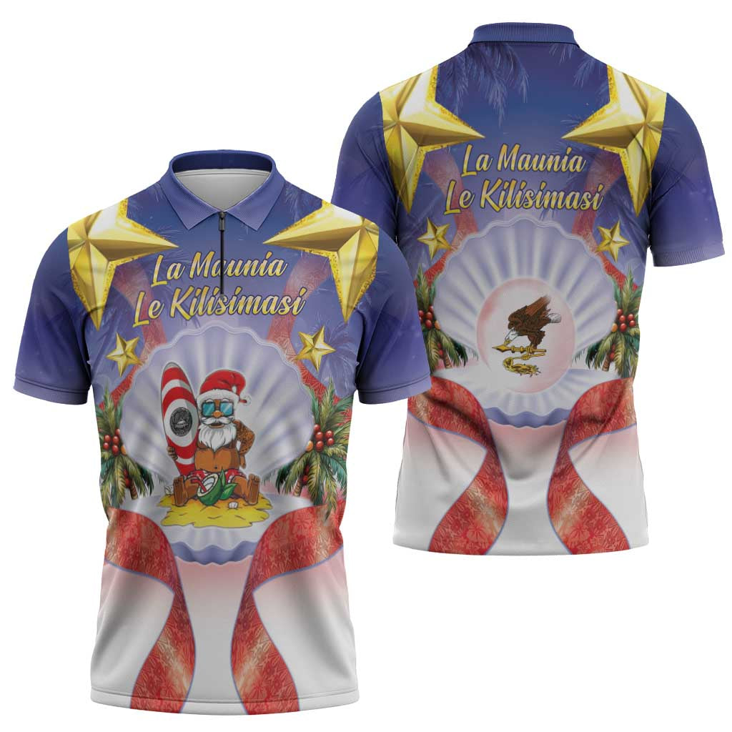 American Samoa Christmas Zipper Polo Shirt Seashell Santa Beach Vibes LT05 - Polynesian Pride
