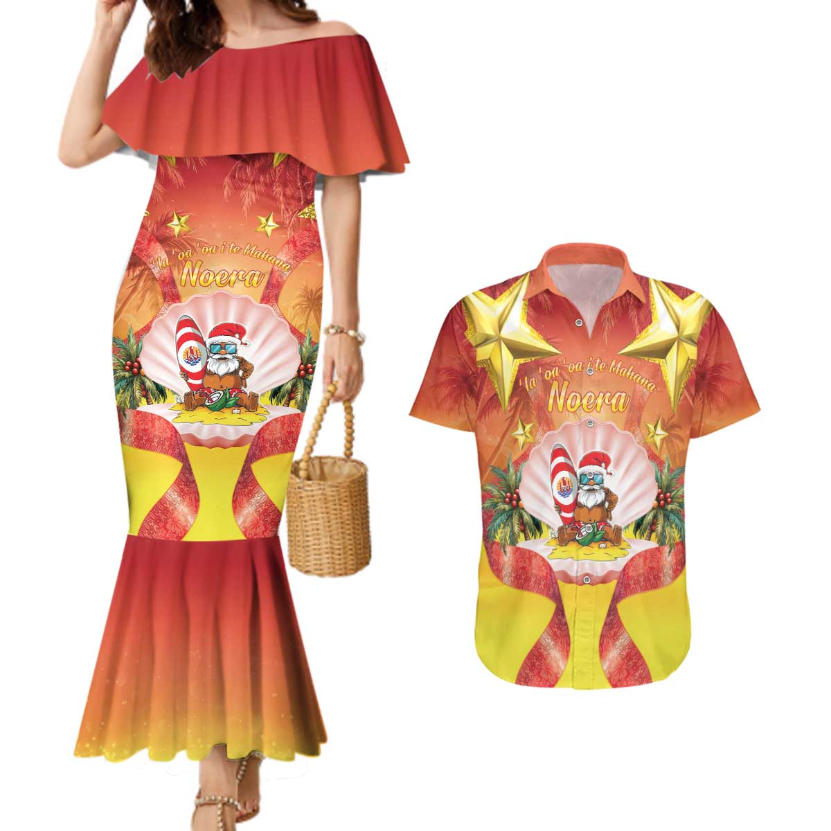 French Polynesia Christmas Couples Matching Mermaid Dress and Hawaiian Shirt Seashell Santa Beach Vibes LT05 Orange - Polynesian Pride
