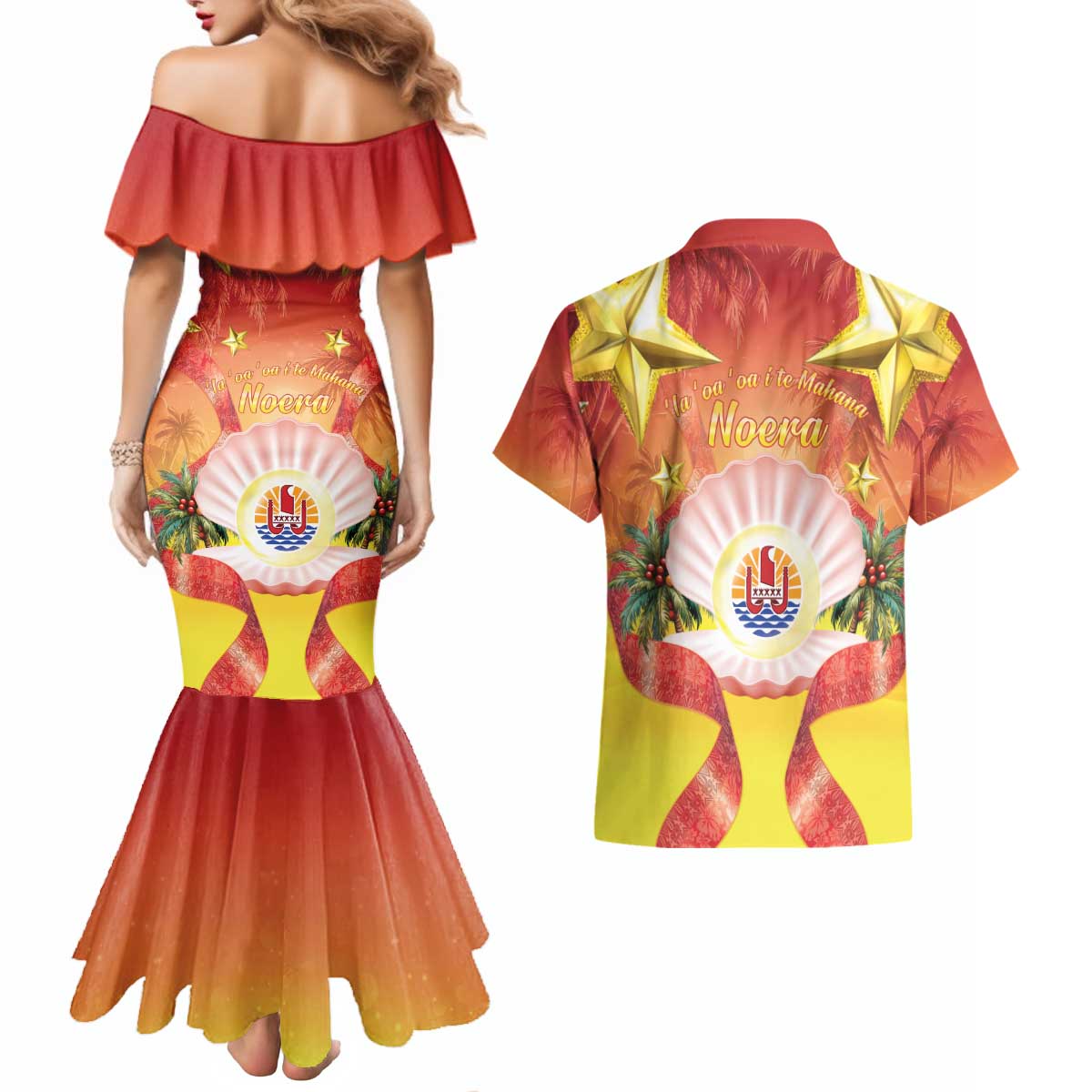 French Polynesia Christmas Couples Matching Mermaid Dress and Hawaiian Shirt Seashell Santa Beach Vibes LT05 - Polynesian Pride
