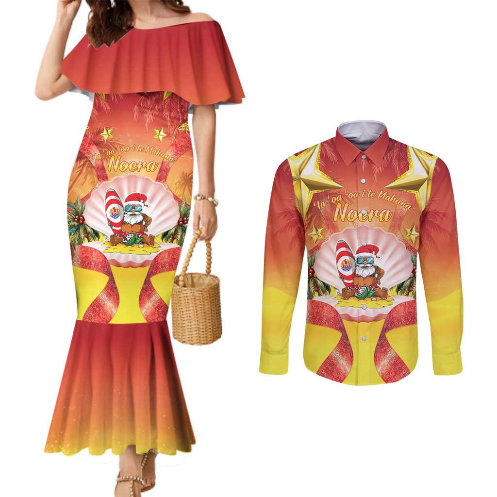French Polynesia Christmas Couples Matching Mermaid Dress and Long Sleeve Button Shirt Seashell Santa Beach Vibes - Polynesian Pride