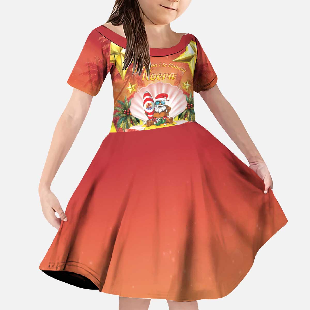 French Polynesia Christmas Family Matching Off The Shoulder Long Sleeve Dress and Hawaiian Shirt Seashell Santa Beach Vibes - Polynesian Pride