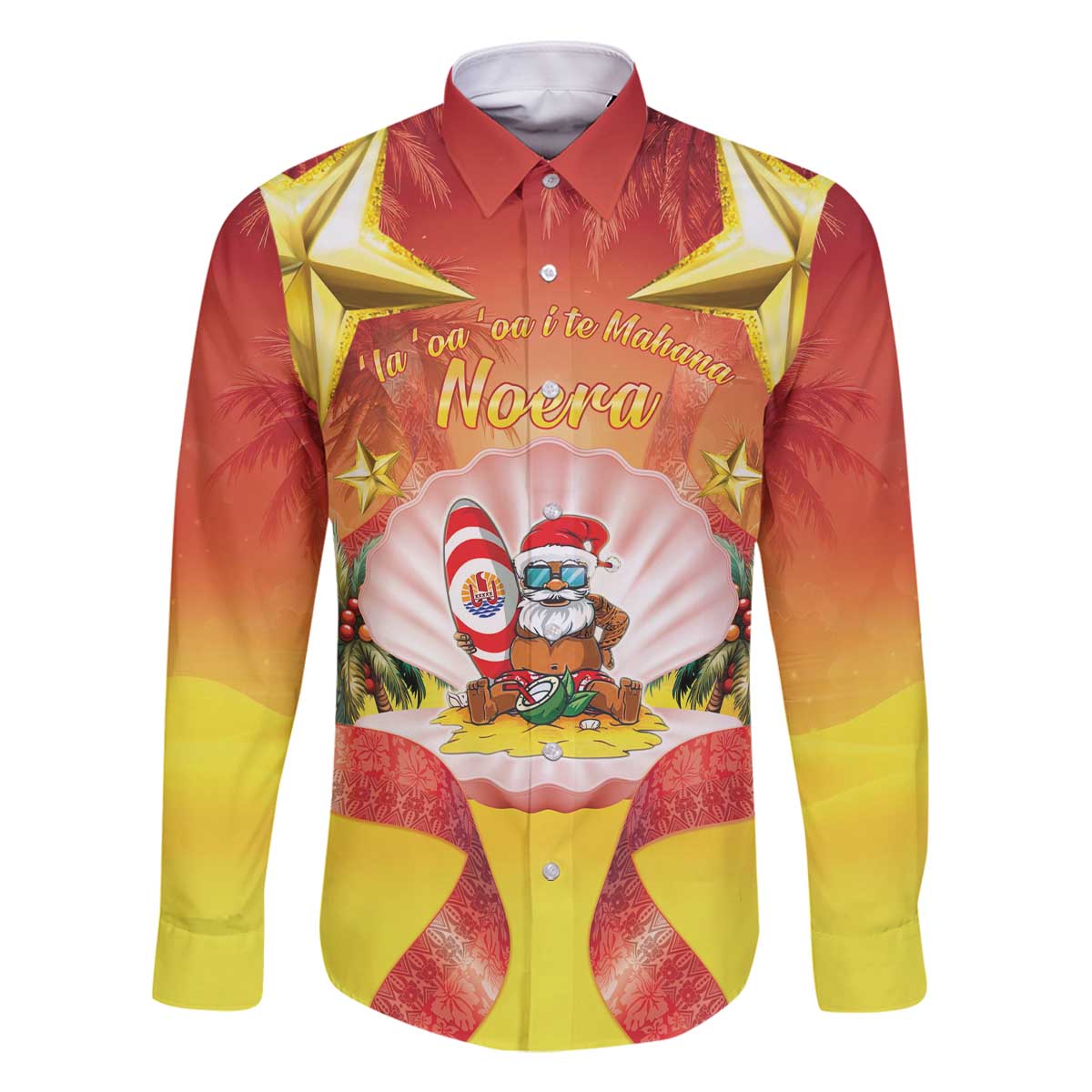 French Polynesia Christmas Family Matching Off The Shoulder Long Sleeve Dress and Hawaiian Shirt Seashell Santa Beach Vibes - Polynesian Pride