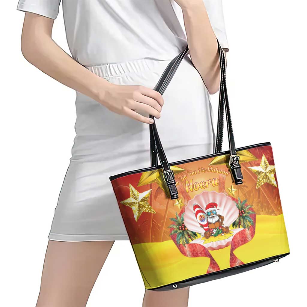 French Polynesia Christmas Leather Tote Bag Seashell Santa Beach Vibes LT05 - Polynesian Pride
